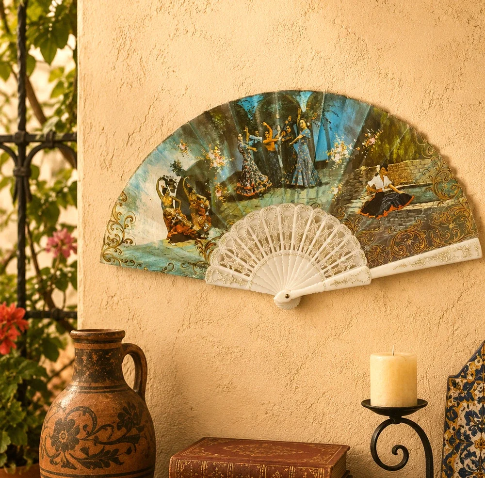 Vintage Spanish Flamenco Folding Hand Fan White Plastic Lace Look Fabric Dancers